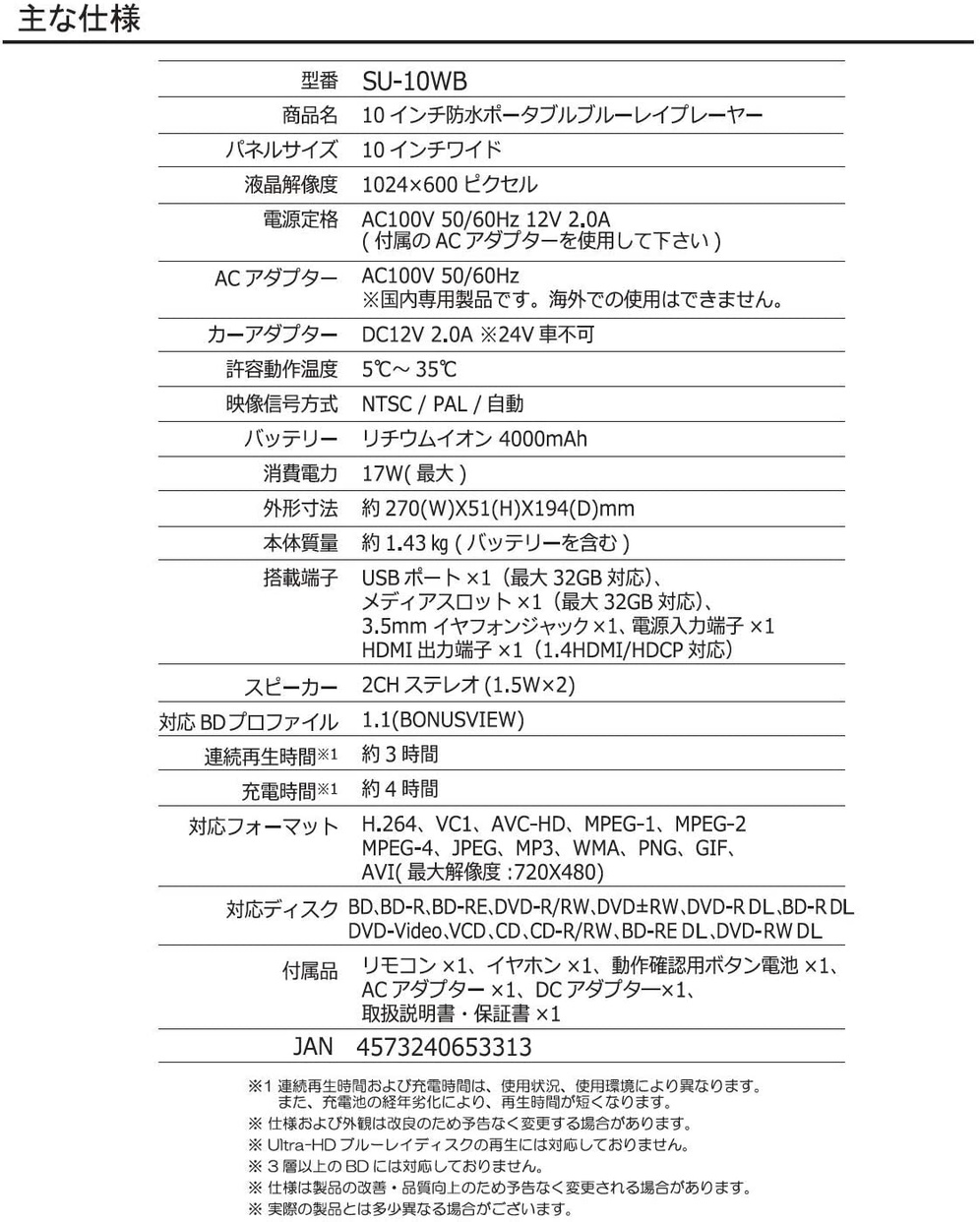 Agrexsione(アグレクション) Superbe 防水ポータブルブルーレイプレーヤー SU-10WBの商品画像2 